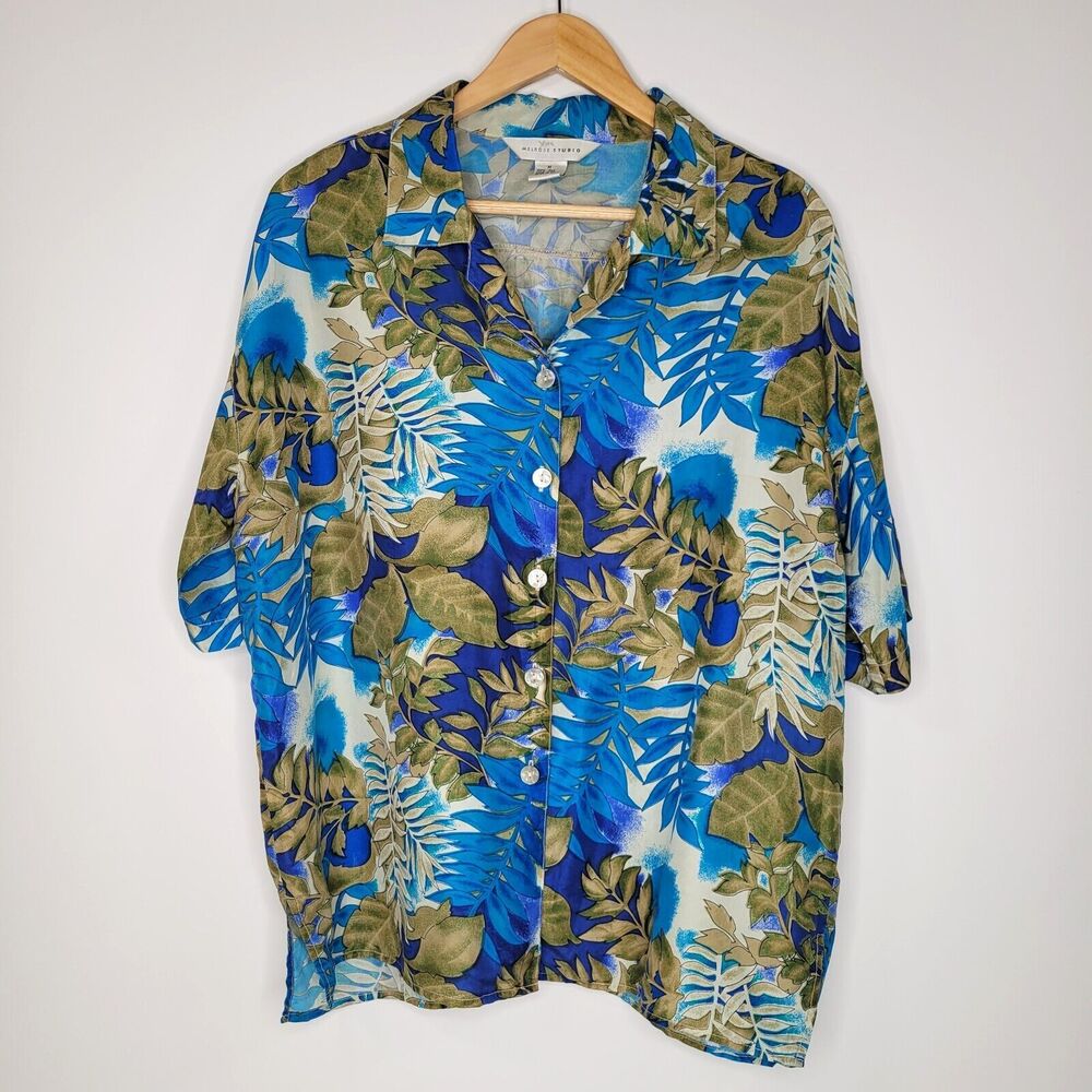 MELROSE STUDIO Women's Silk Blue Botanical Button Down Shirt Size M Watercolor